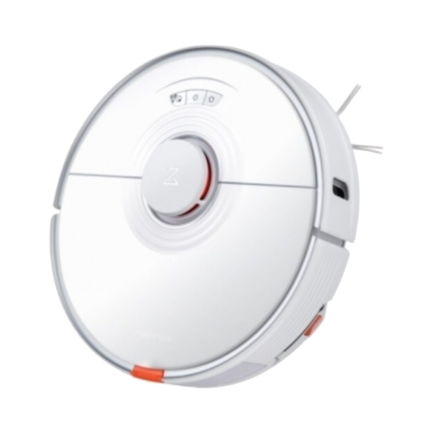 Beyaz robot süpürge. Gümüş kaplamalı yuvarlak şekil. Üst kısımda düğmeler ve kırmızı merkez detayı var.