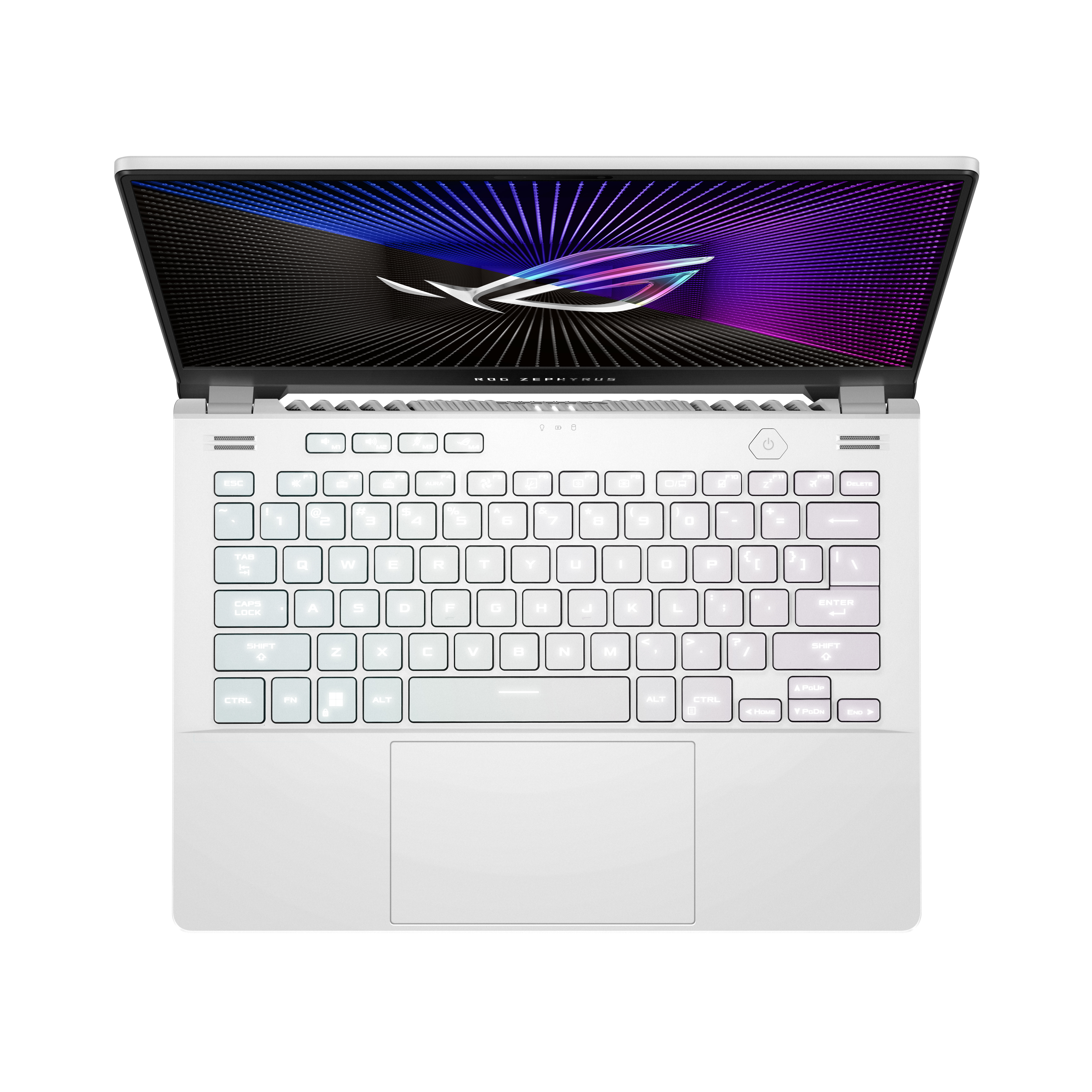 Un portátil con cuerpo blanco, abierto, mostrando un teclado con teclas iluminadas.