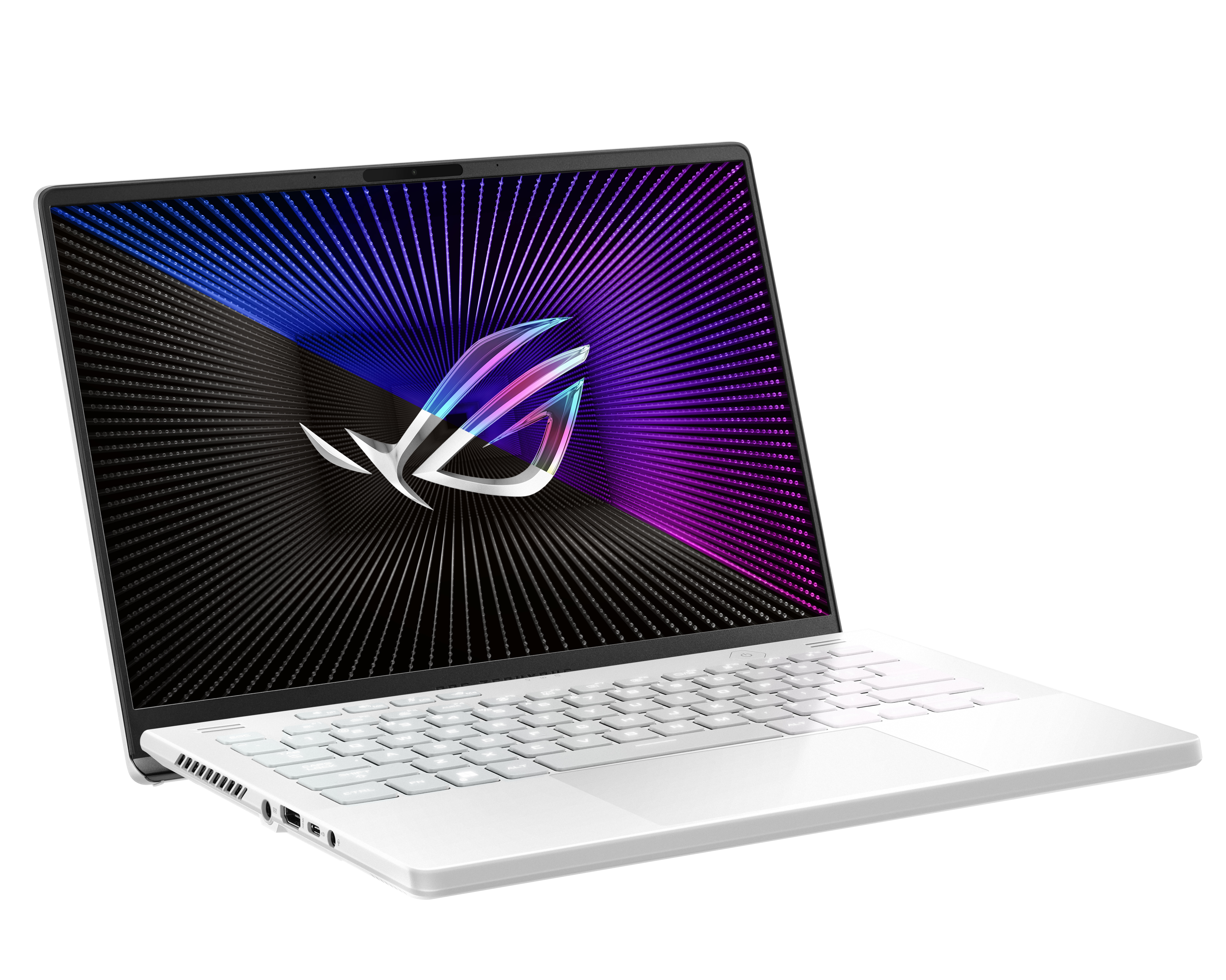 Portátil blanco, abierto, mostrando una pantalla colorida con un logo. Teclado blanco visible.