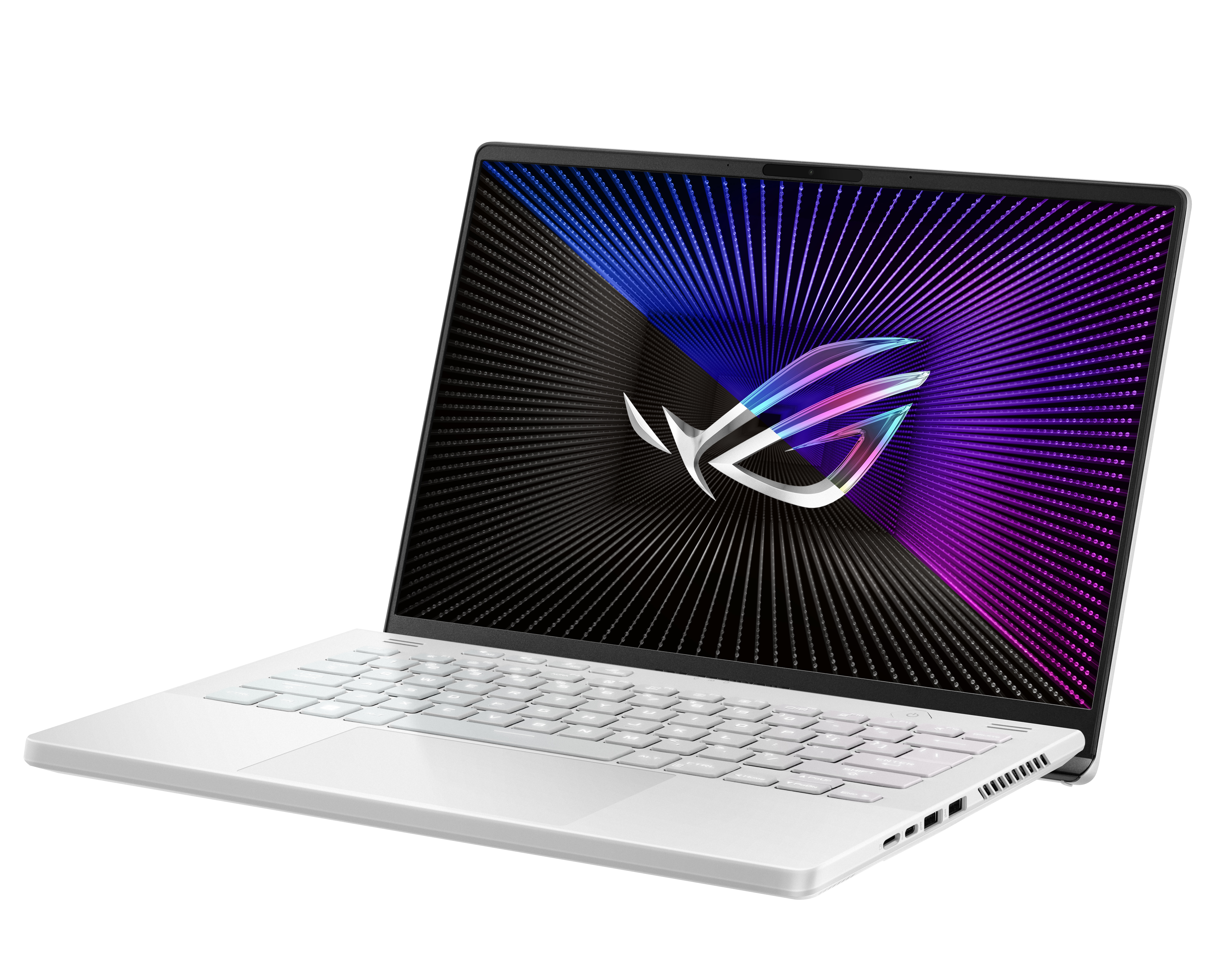 Ordenador portátil blanco abierto, mostrando un diseño futurista en la pantalla, con un logotipo.