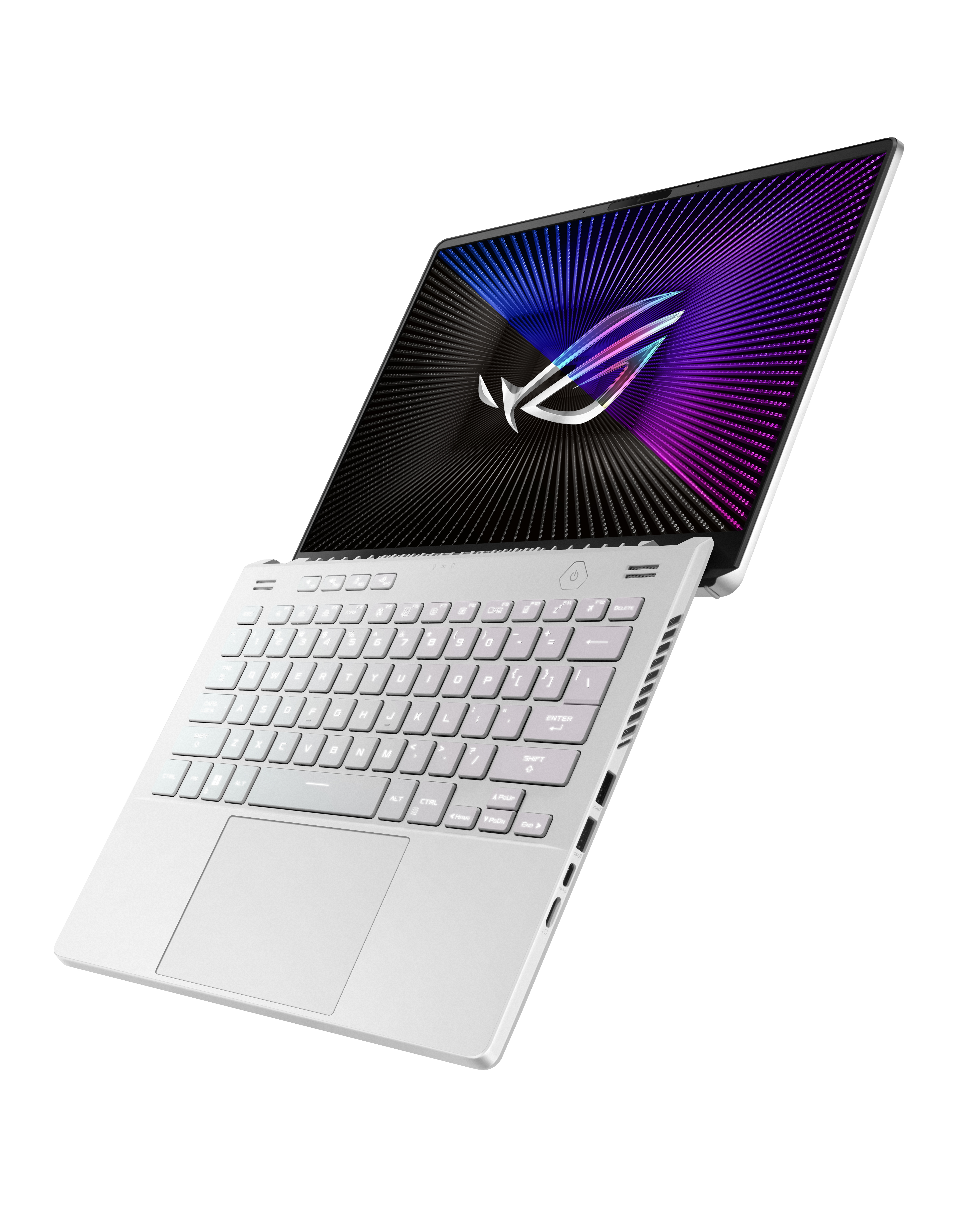 Portátil blanco abierto en ángulo, mostrando una pantalla colorida con el logo ROG, teclado visible, fondo blanco.