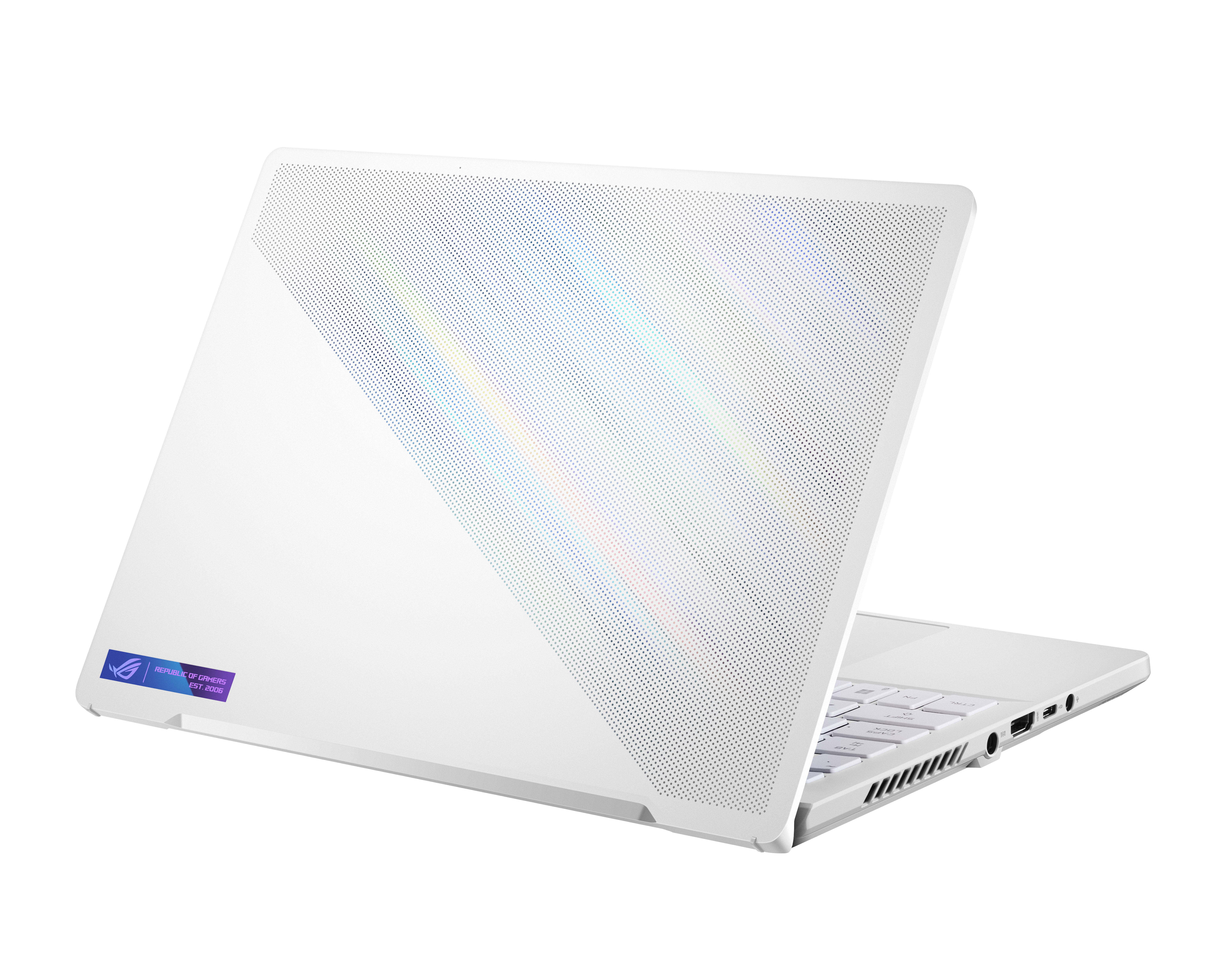 Portátil blanco, vista trasera, con un logotipo y diseño en la tapa, fondo blanco.