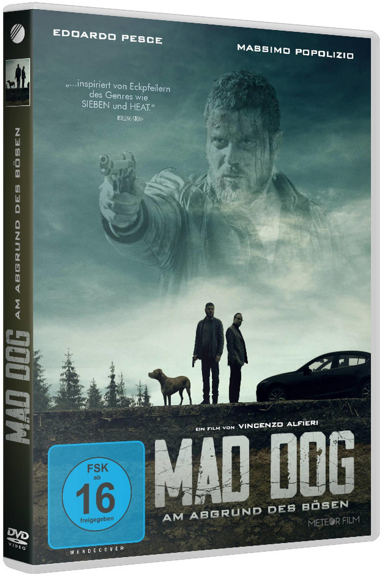 DVD-Hülle für den Film 'Mad Dog'. Bild zeigt einen Mann mit einer Waffe und zwei Personen.