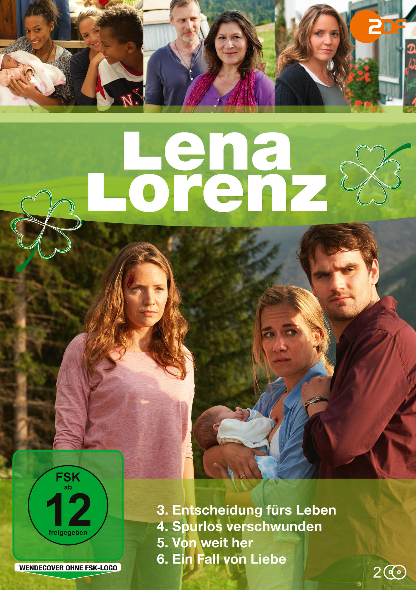 DVD-Cover für "Lena Lorenz" mit Schauspielern, grüner Hintergrund mit Kleeblatt.