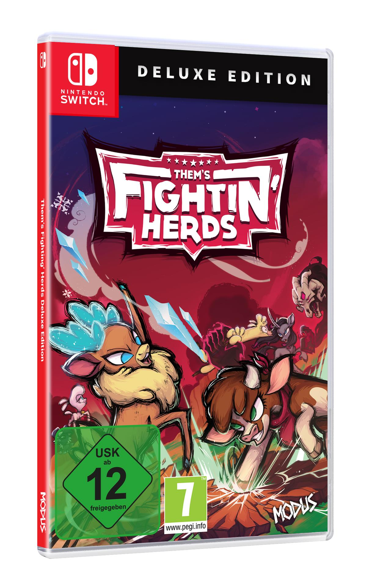 Nintendo Switch-Spielbox. Titel ist 'Them's Fightin' Herds'. Enthält Spielgrafiken und Wertungsaufkleber.