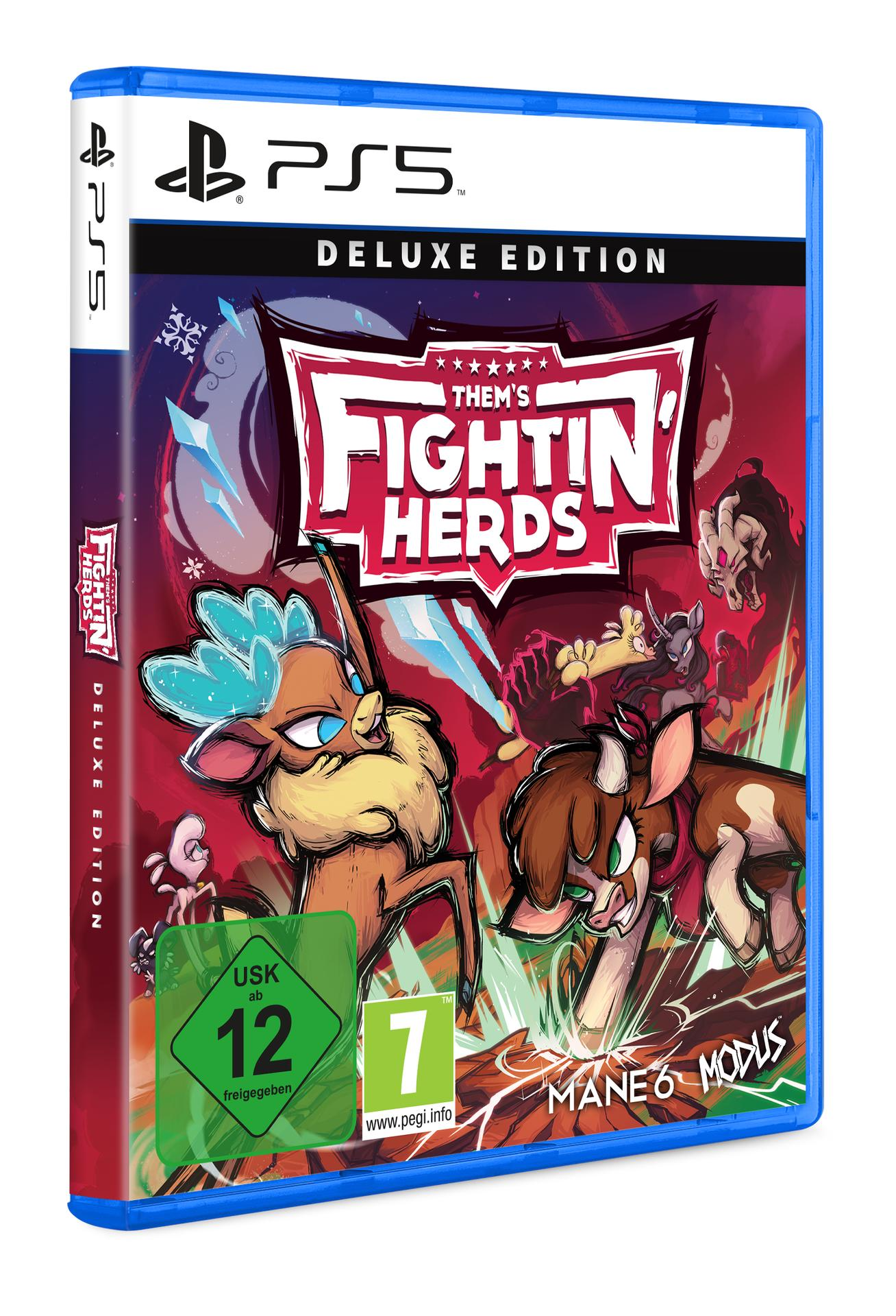 PS5-Videospielbox, Them's Fightin' Herds Deluxe Edition. Blaues Gehäuse, Illustration.