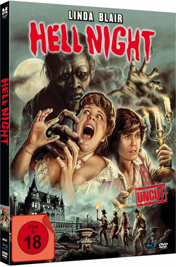 Filmcover mit schreiender Frau, Monstern und einem Spukhaus.