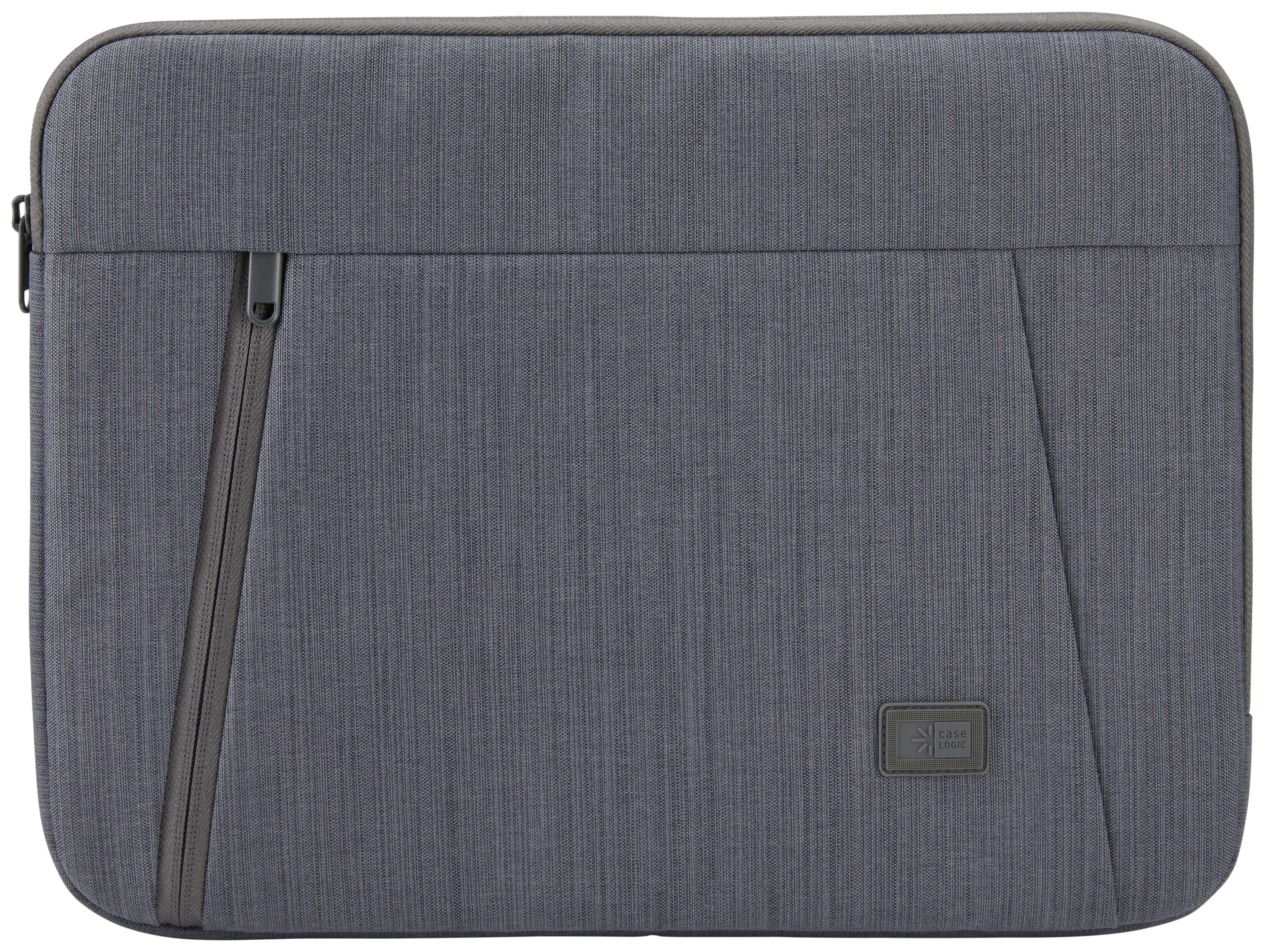 Funda gris para portátil con cremallera, bolsillo y logotipo de Case Logic.