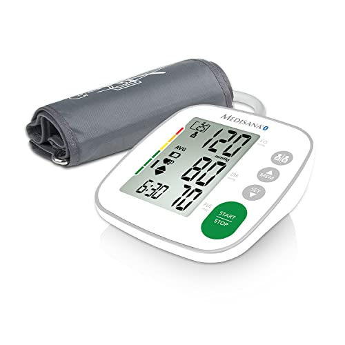 Monitor de presión arterial blanco con manguito. Muestra lecturas: 120/80, 6:30, 70.