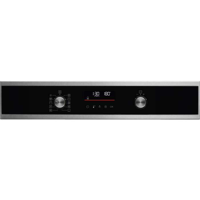 Panel negro del horno con pantalla digital, perillas y botones. Muestra la hora y la temperatura.