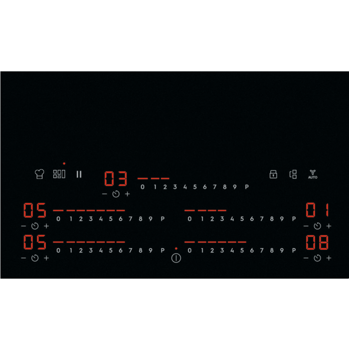 Pantalla digital que muestra números y símbolos, dígitos rojos.