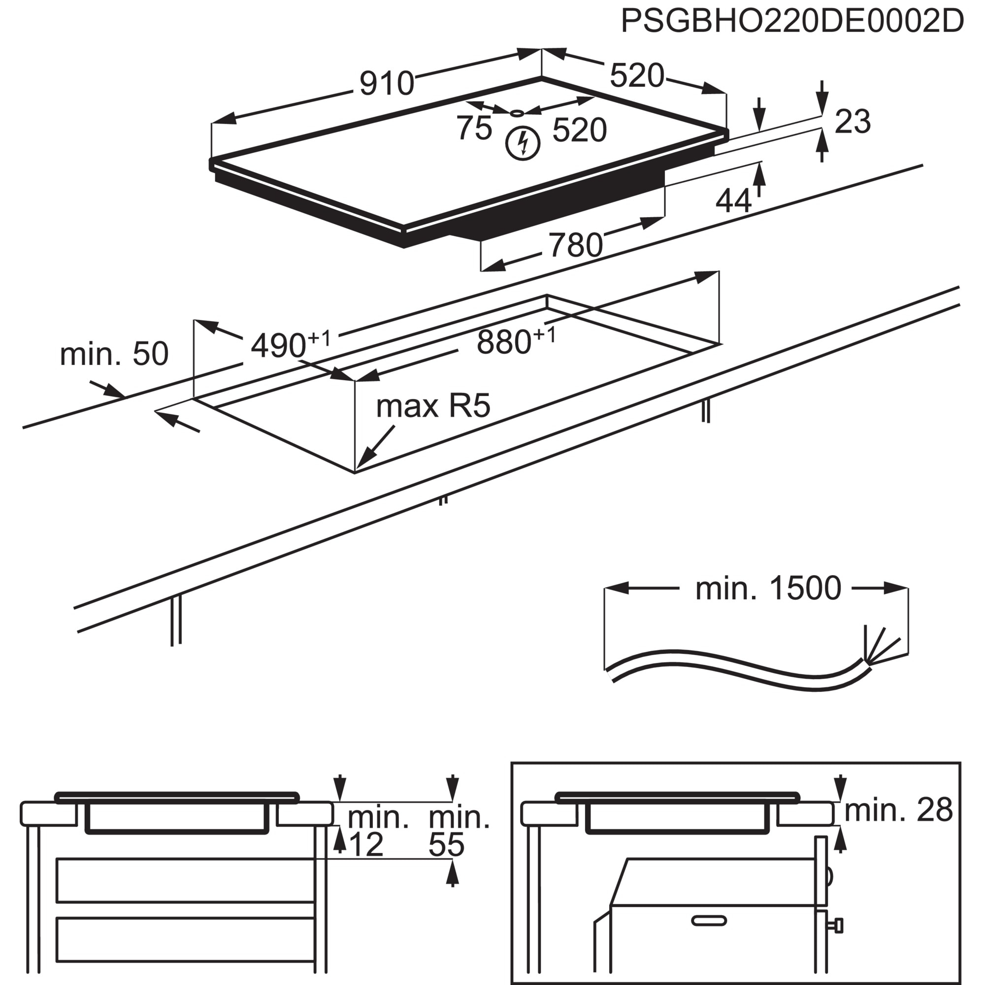 Dibujo técnico de una placa de cocina con dimensiones y ubicación en un hueco, con etiquetas.