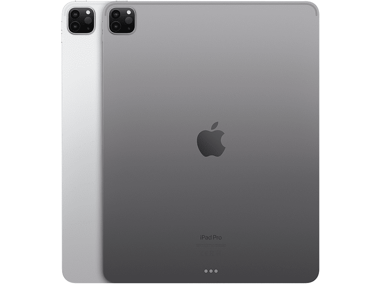 La parte trasera de dos iPads, uno blanco, uno gris, con el logotipo de Apple y configuración de la cámara.