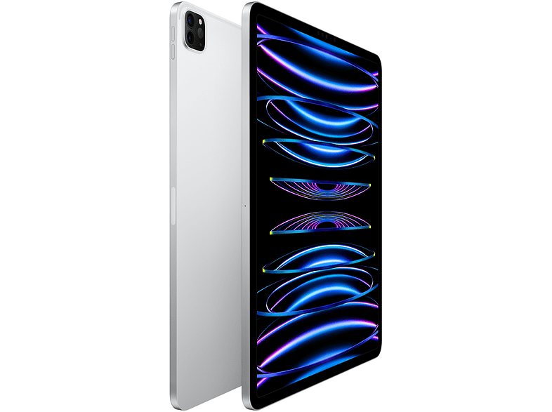 Un iPad Pro plateado inclinado, que muestra una pantalla vibrante y colorida, con una parte posterior a juego.