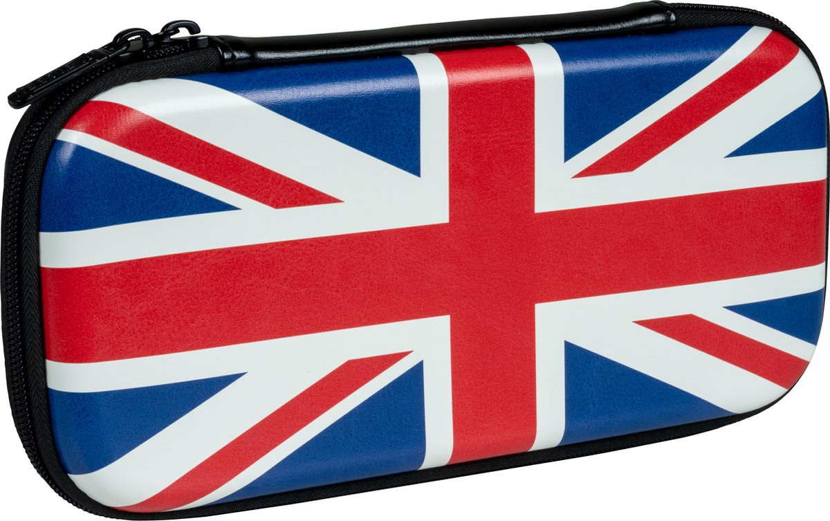 Pencil case with the Union Jack design on it. Black zipper around the edge.
