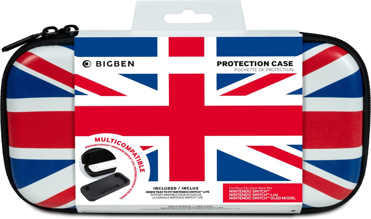 Nintendo Switch carrying case, Union Jack design. Includes a Switch and a holder.