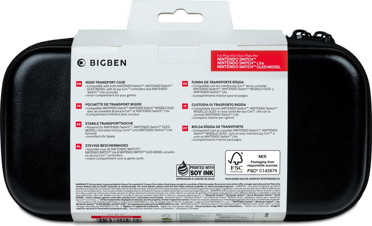 Black Nintendo Switch case with text in multiple languages and a FSC logo on a white background.
