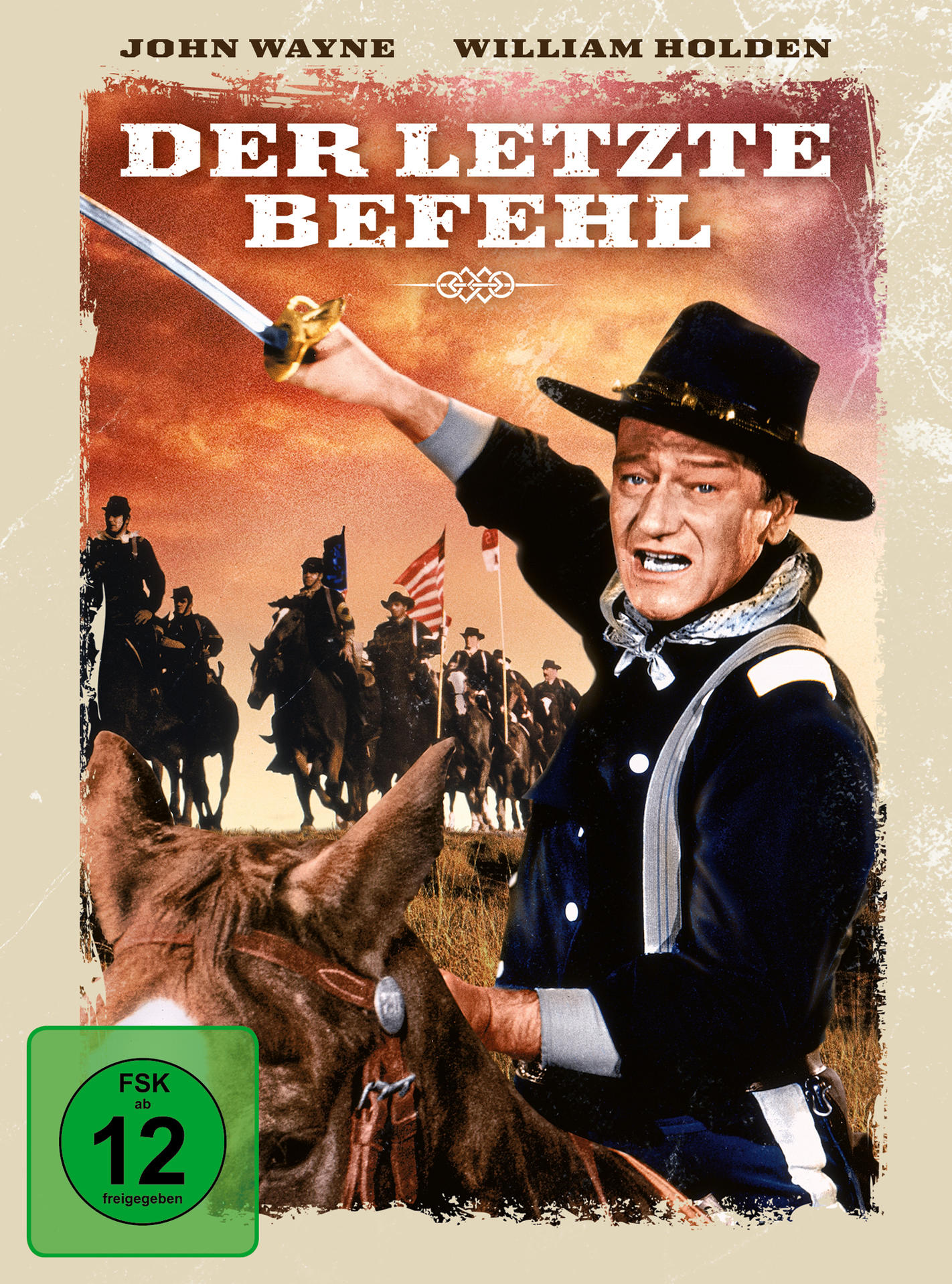 DVD-Cover: John Wayne auf einem Pferd, hält ein Schwert, mit Soldaten und Sonnenuntergang im Hintergrund.