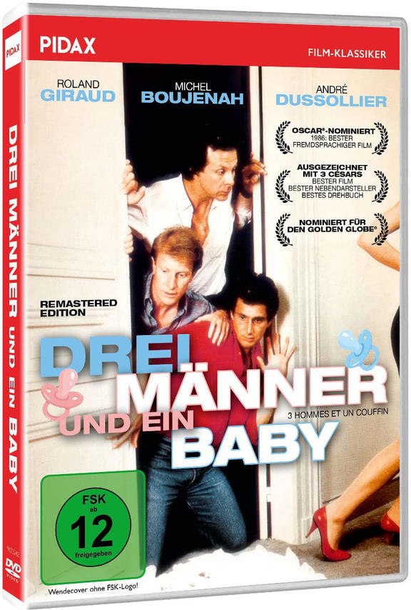 DVD-Hülle für den Film Drei Männer und ein Baby. Drei Männer und ein Baby. Roter Rahmen.