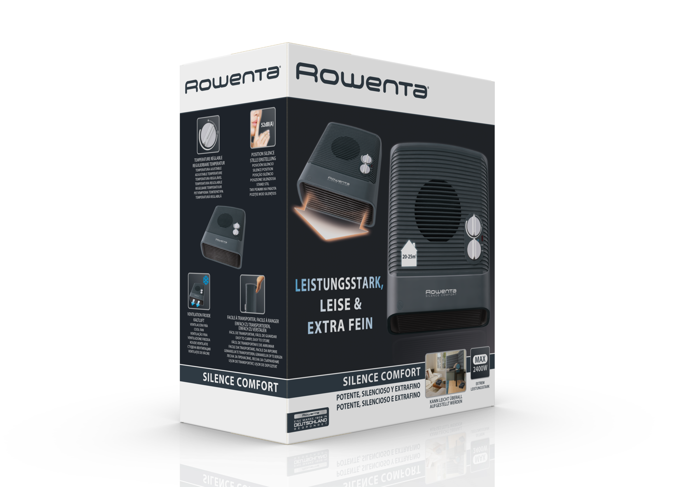 Una caja de producto para un calefactor Rowenta Silence Comfort.