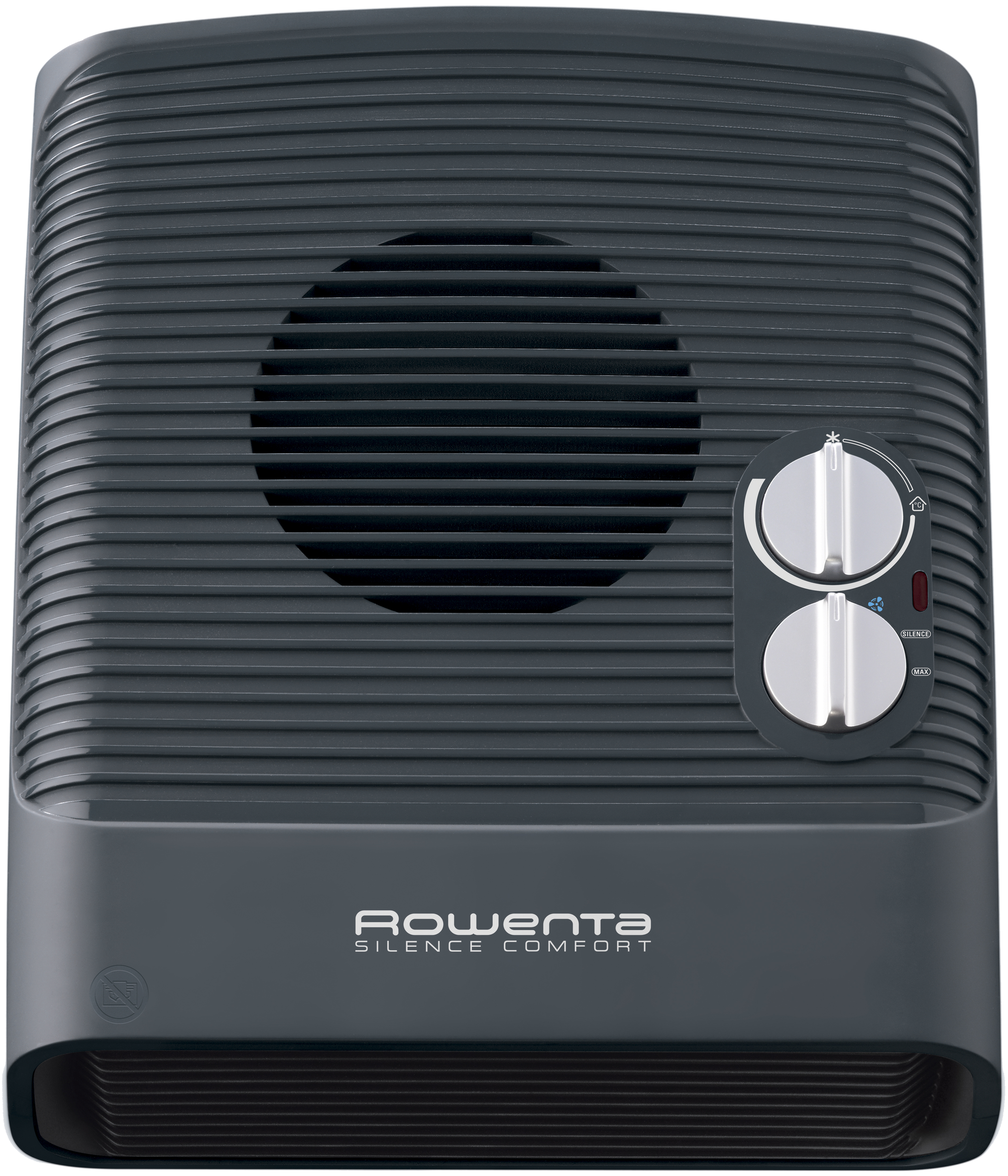 Ventilador Rowenta Silence Comfort gris oscuro. Tiene salida de aire redonda y botones.