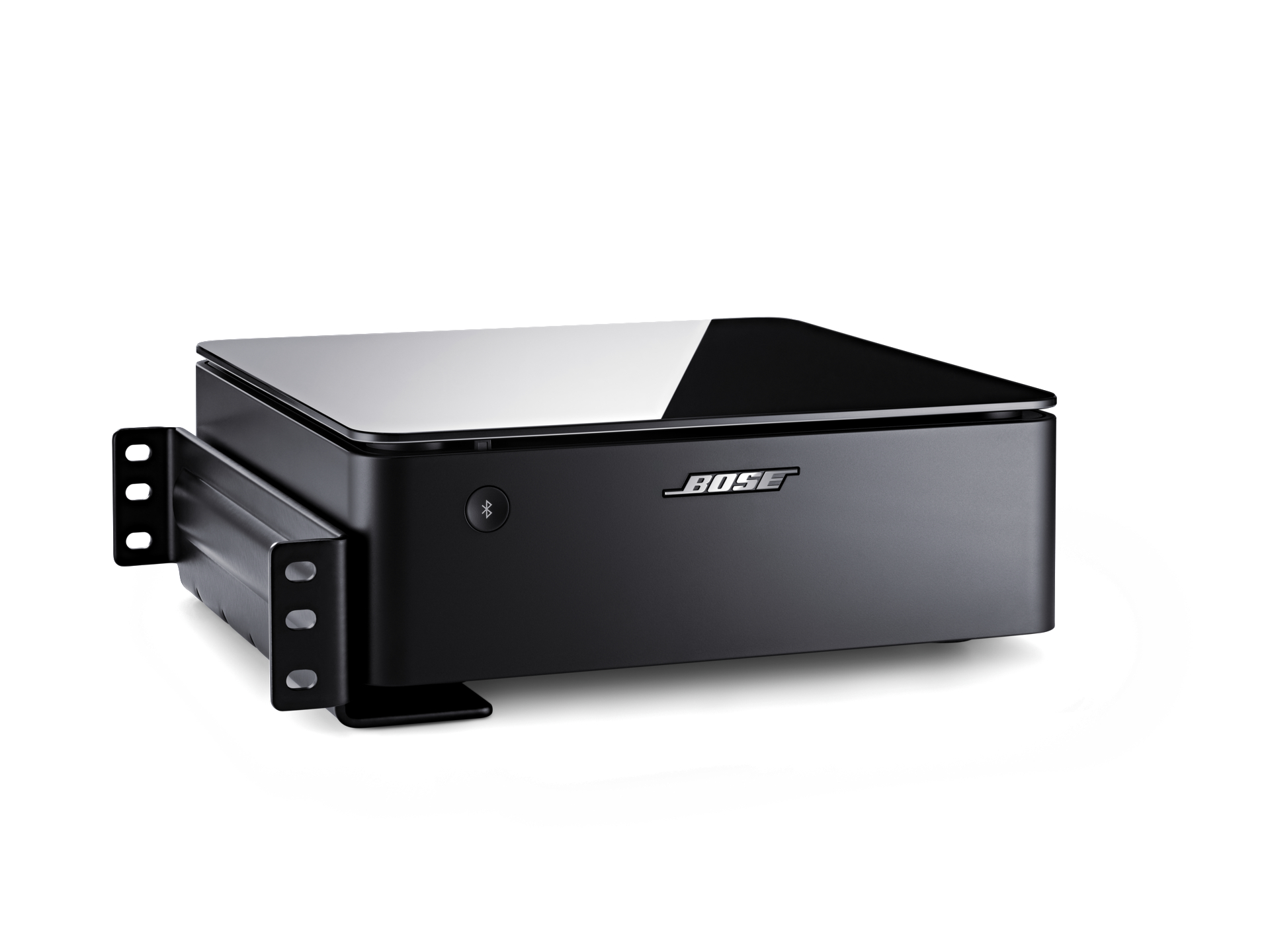 Ein schwarzes Bose-Soundsystemgerät mit silberfarbener Halterung.