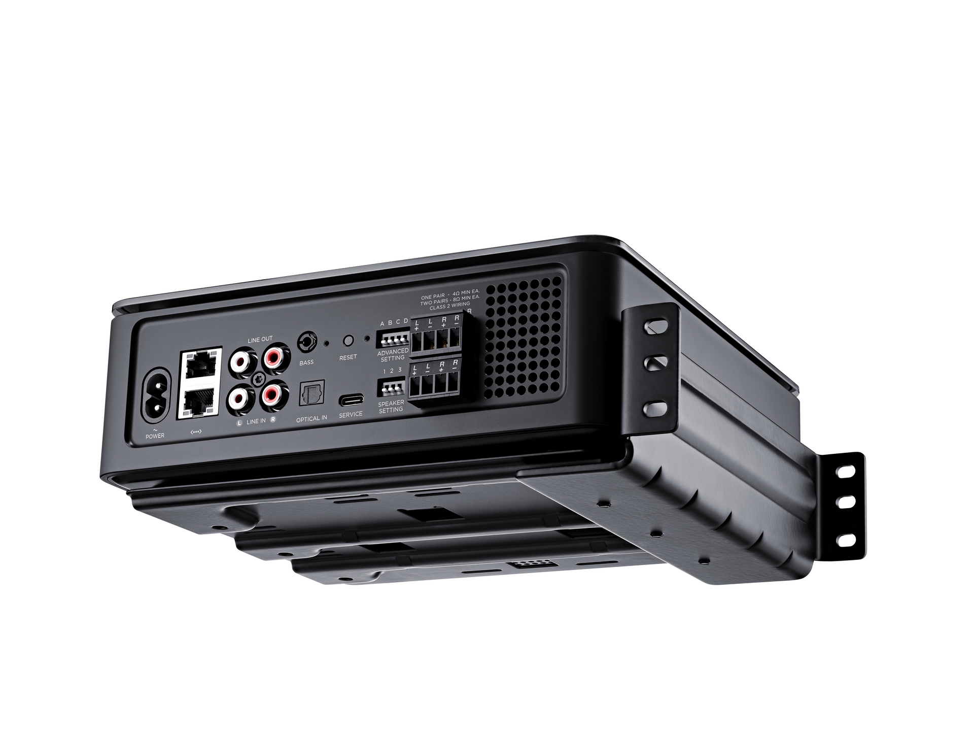 Ein schwarzer Audio-Receiver mit verschiedenen Anschlüssen und dem Wort 'RESET'. Er hat einen schwarzen Metallrahmen.