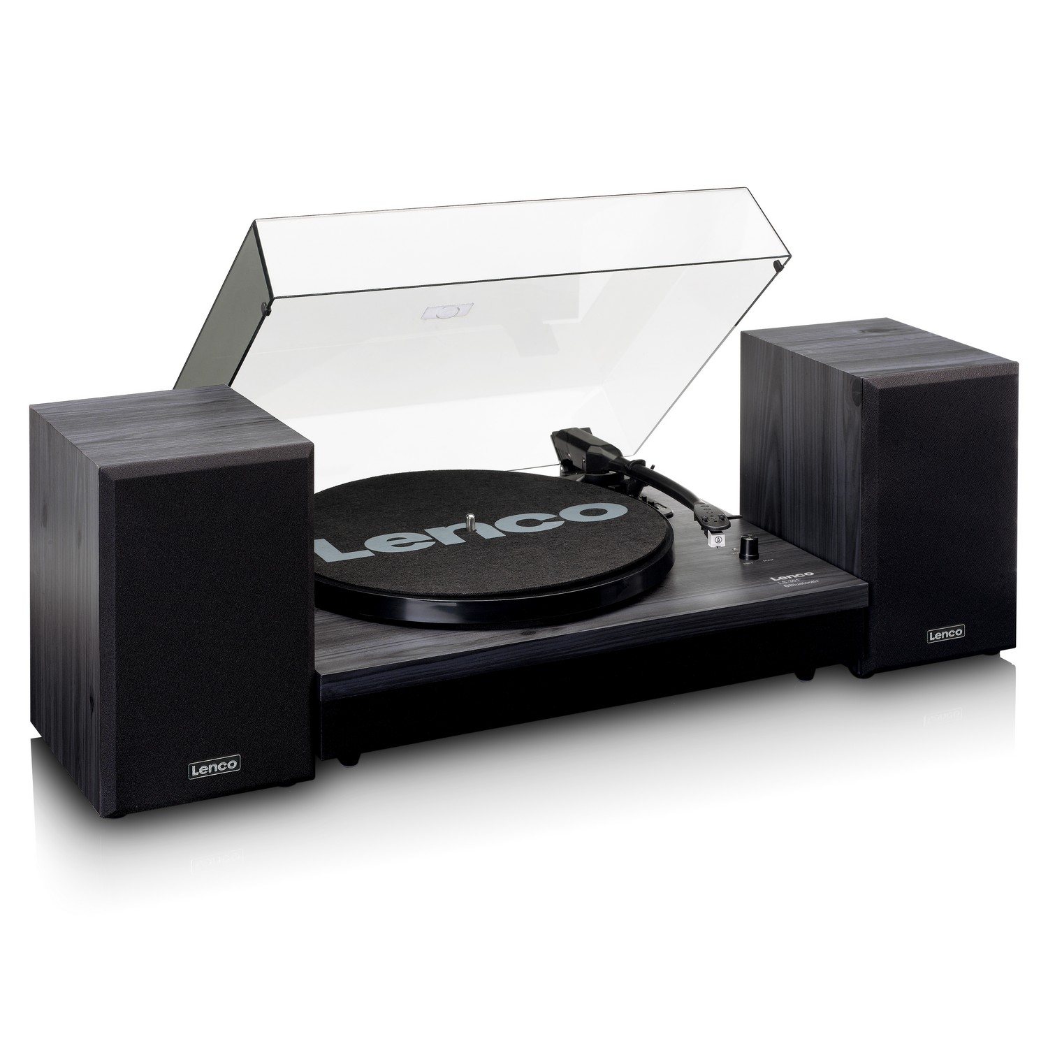 Turntable with two speakers. The turntable has a black base and clear cover.