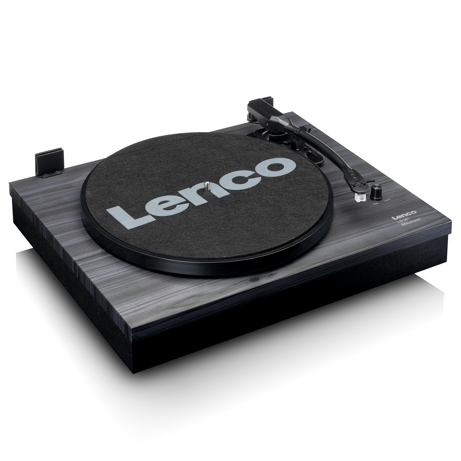 Turntable with dark gray finish, Lenco logo. Black record on the turntable.