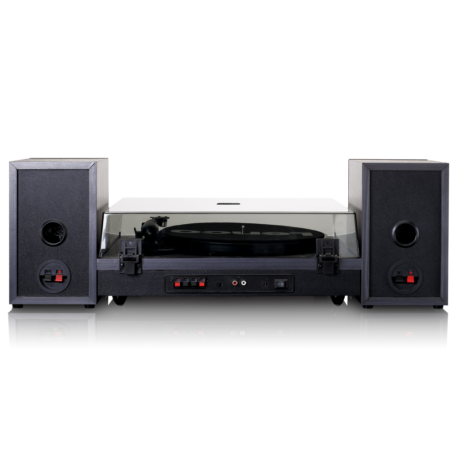 Turntable with speakers on each side, black color, and a clear cover over the record player.