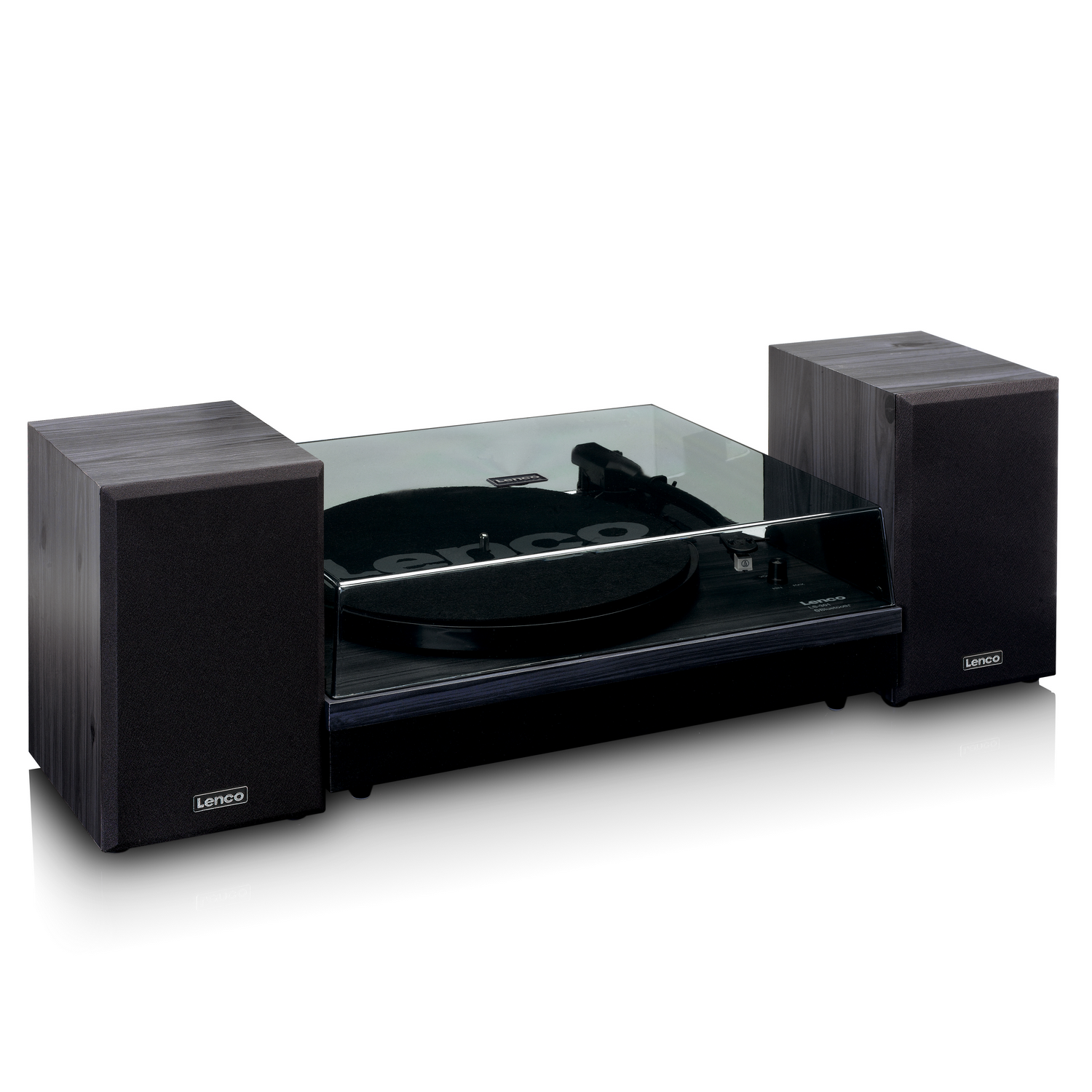 Turntable with speakers on each side. The setup has a wood finish.