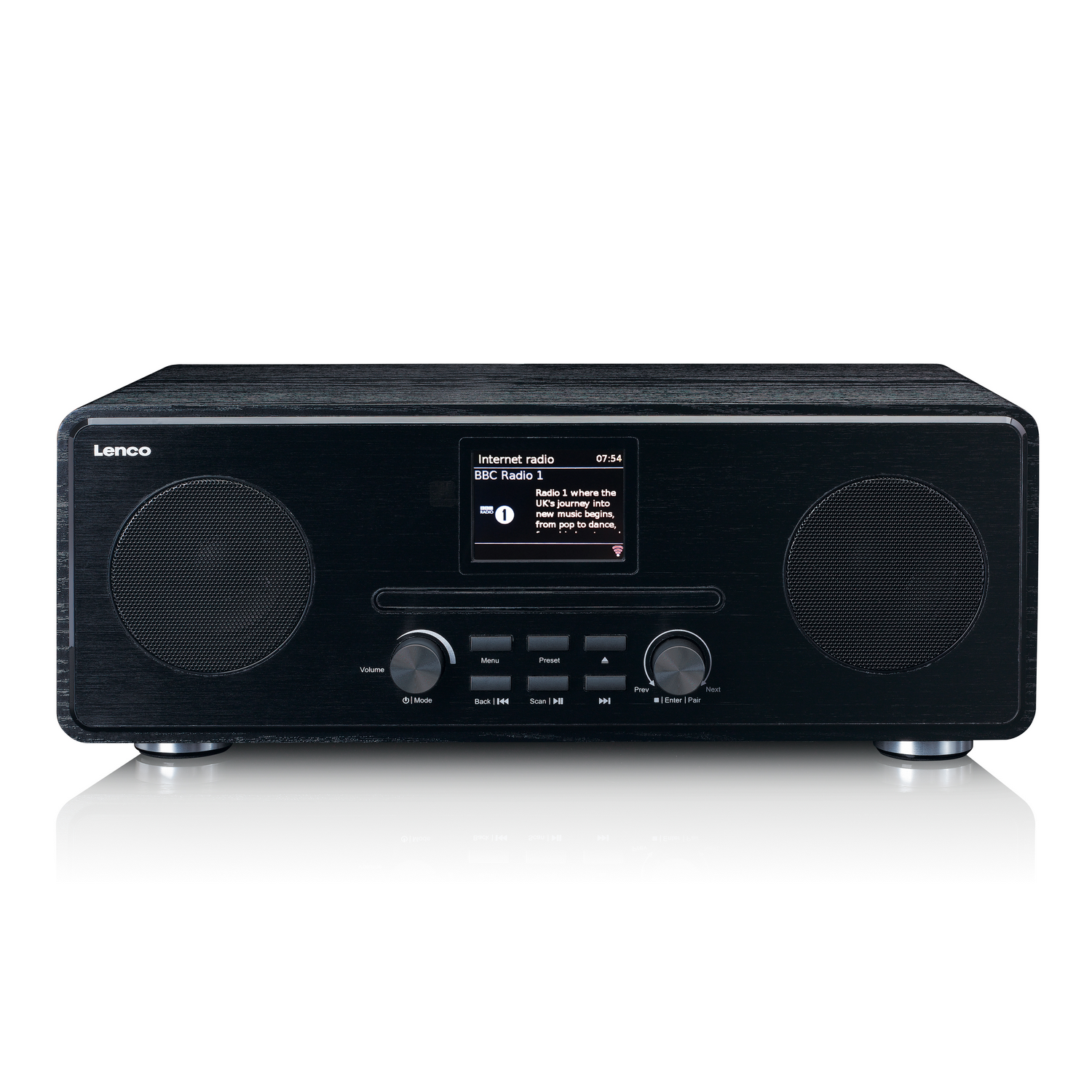 A black Lenco internet radio with a screen, speakers, and control knobs on a white backdrop.