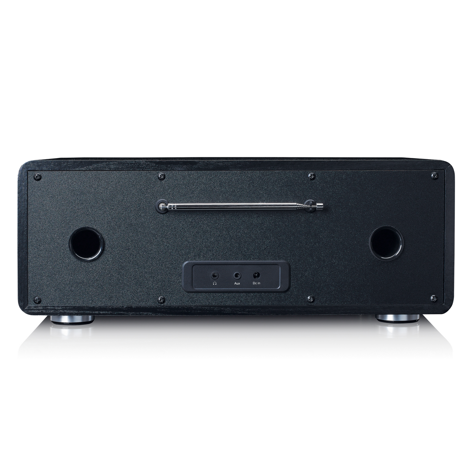 Black audio device with two speakers, a radio antenna, and input ports.