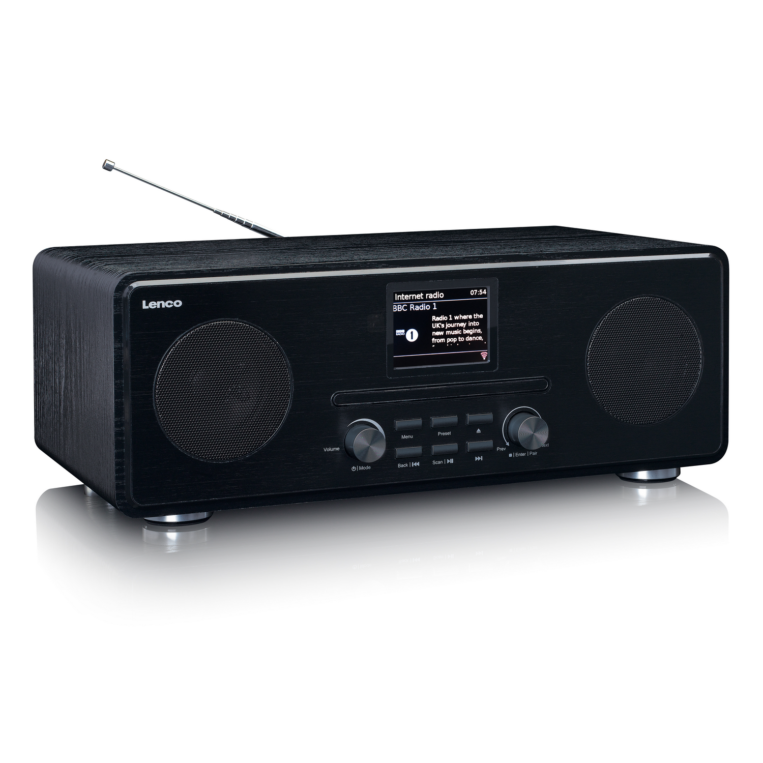 A black Lenco radio with a digital display, two speakers, and various control buttons.