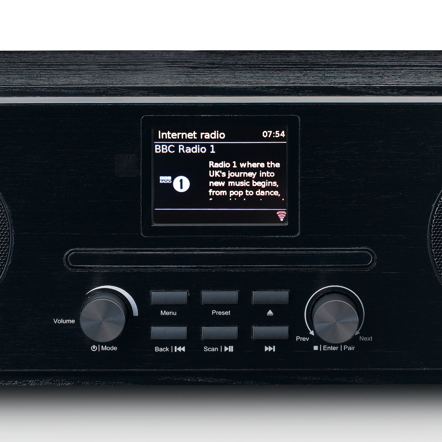 Black digital radio with a display showing text and a dial on the right. Black background.