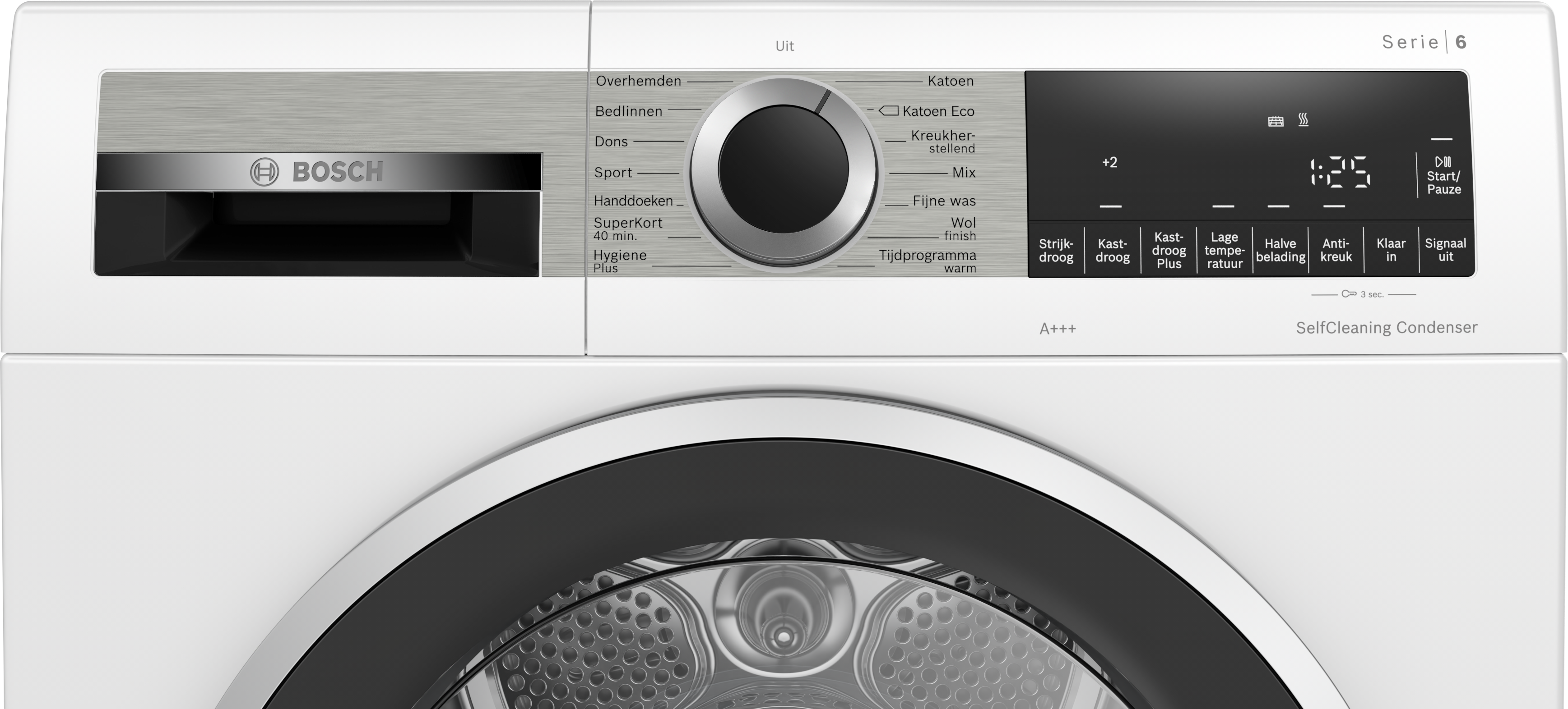 Bosch dryer with control dial, display, and drum. Energy efficiency A+++.