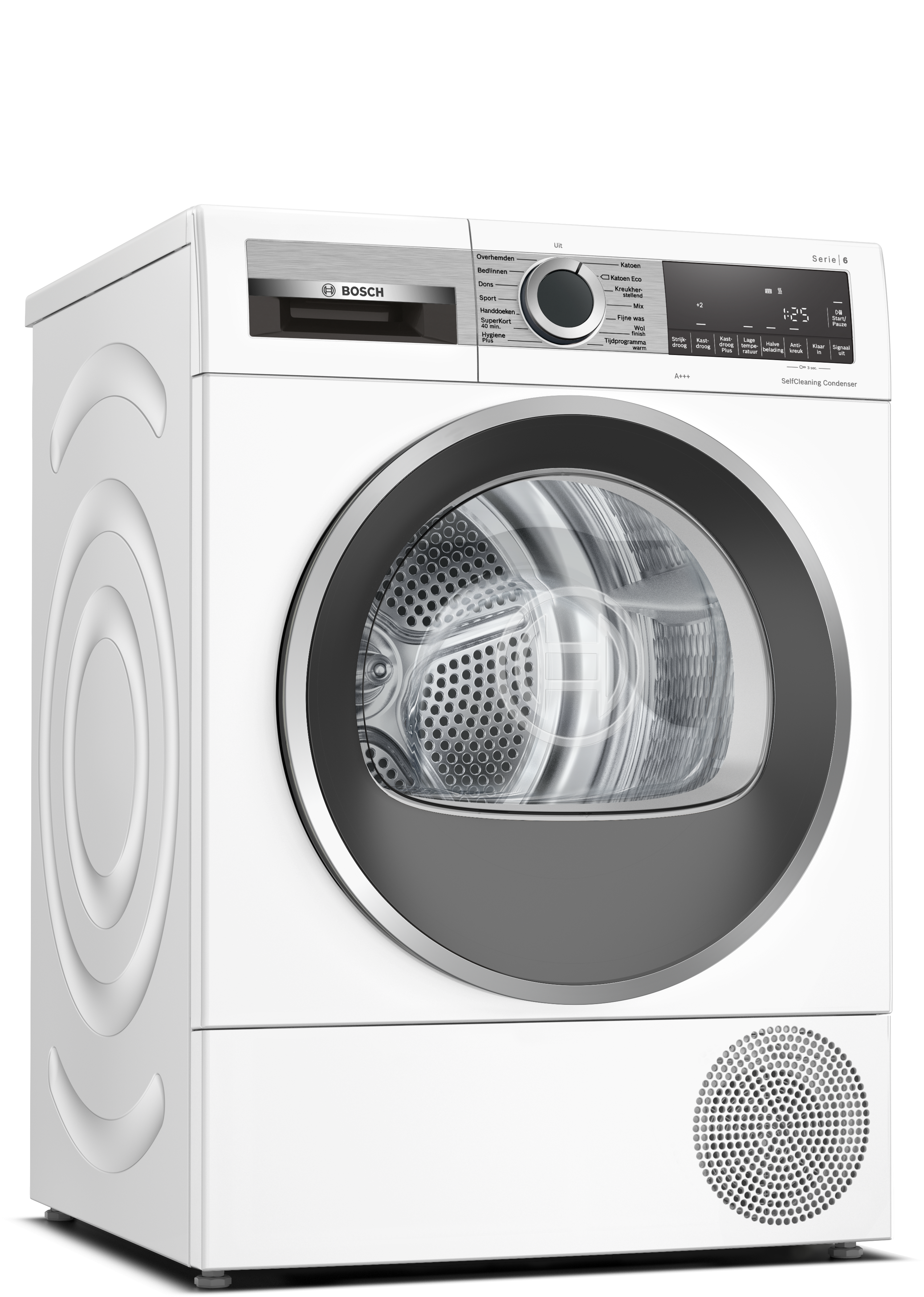 A white Bosch Series 6 dryer with a silver control panel and a round door.