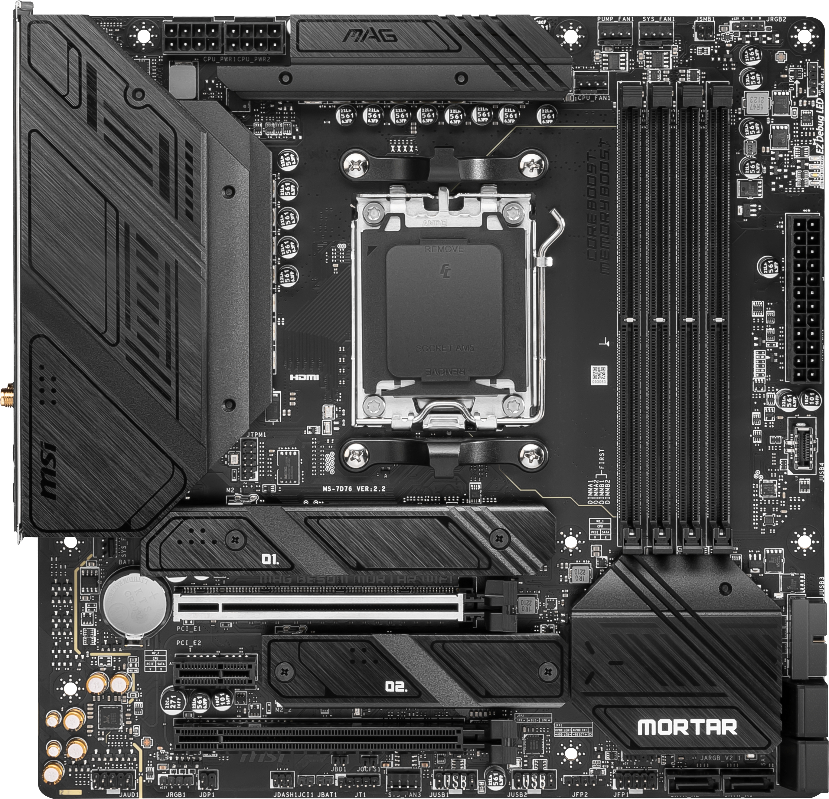 Ein schwarzes MSI MAG-Motherboard, Draufsicht, Komponenten sichtbar, auf weißem Hintergrund.