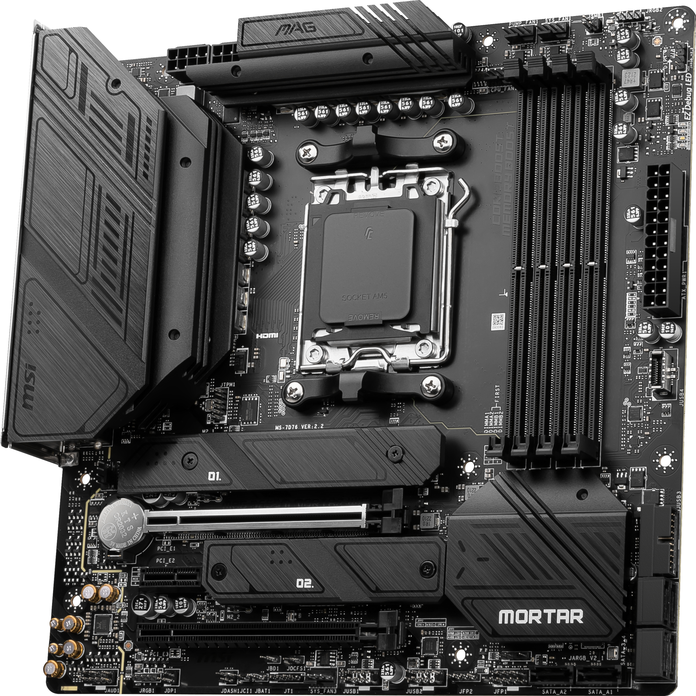 Ein schwarzes und graues Motherboard mit verschiedenen Komponenten und MSI- und Mortar-Logos.