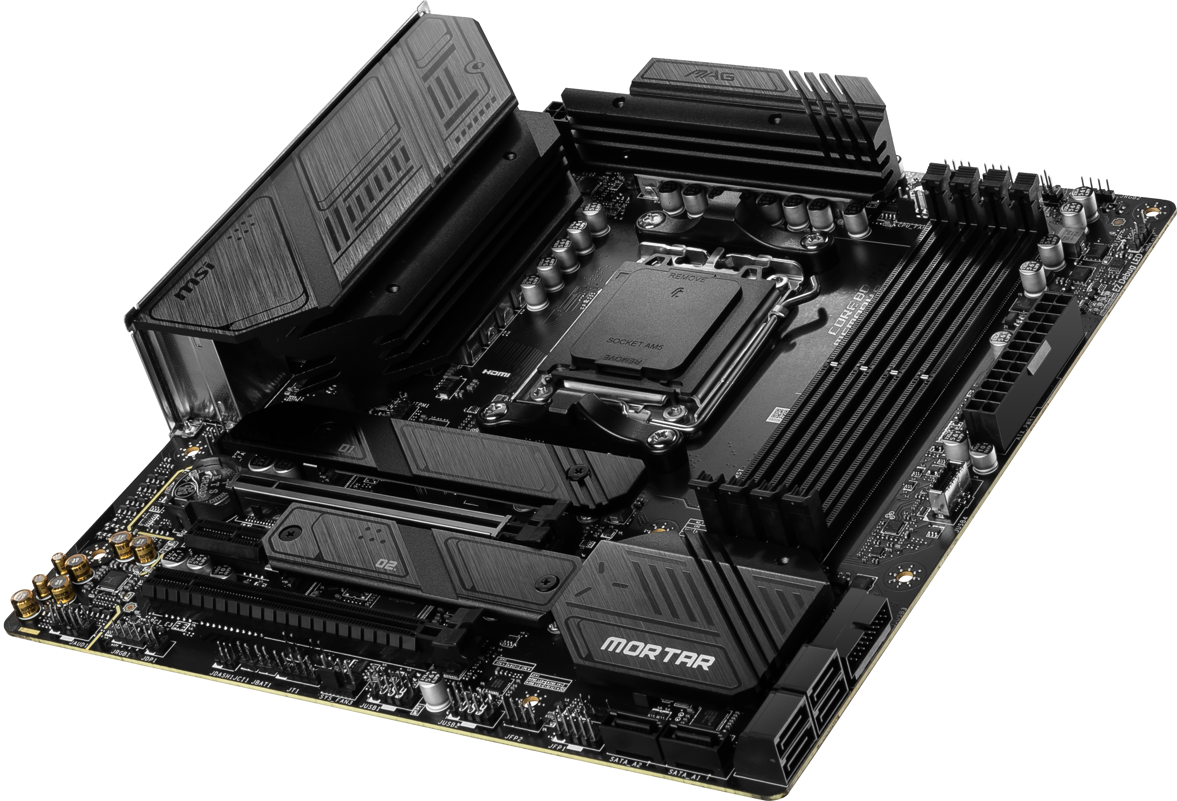 Nahaufnahme eines schwarzen Computer-Motherboards, mit verschiedenen sichtbaren Komponenten.