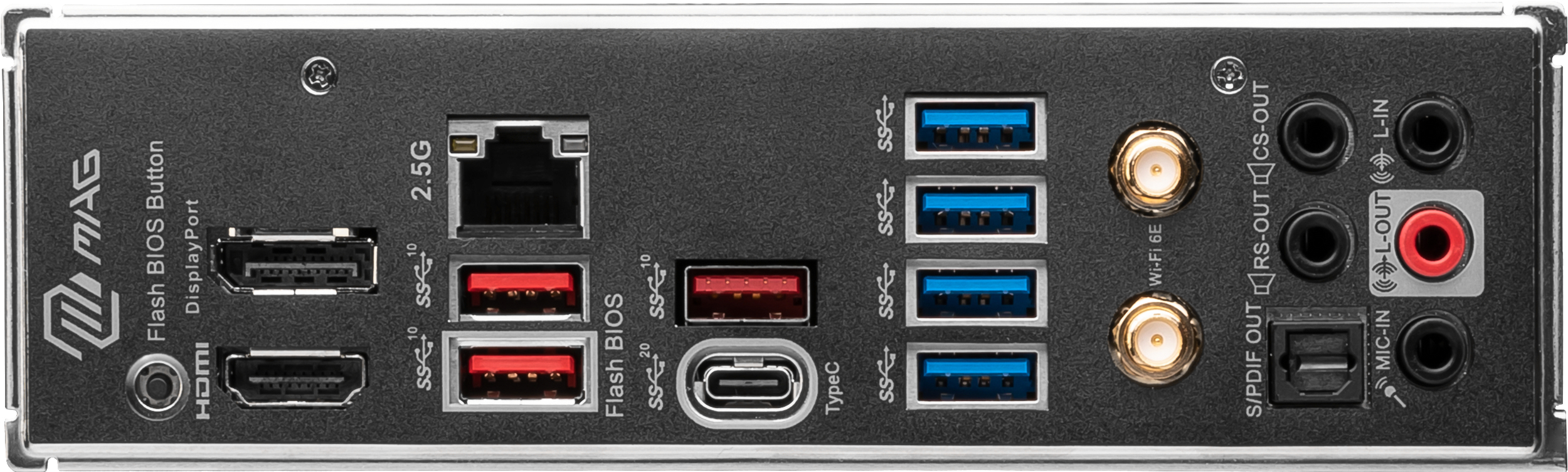 Rückansicht eines Motherboards mit verschiedenen Anschlüssen: HDMI, USB, Audio, Ethernet und weitere Anschlüsse.