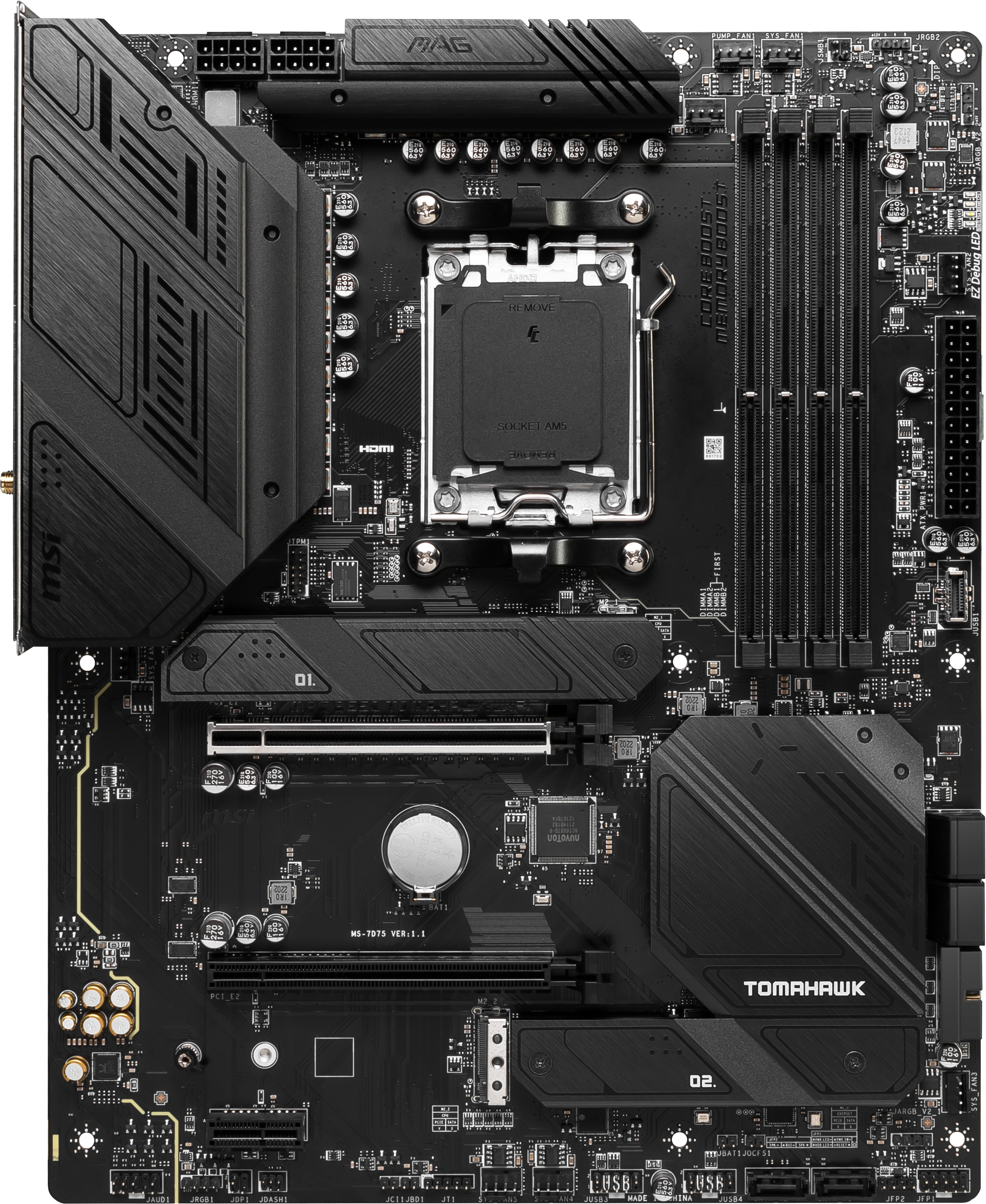 Schwarzes MSI-Motherboard mit zentralem Prozessorsockel und mehreren Komponenten.