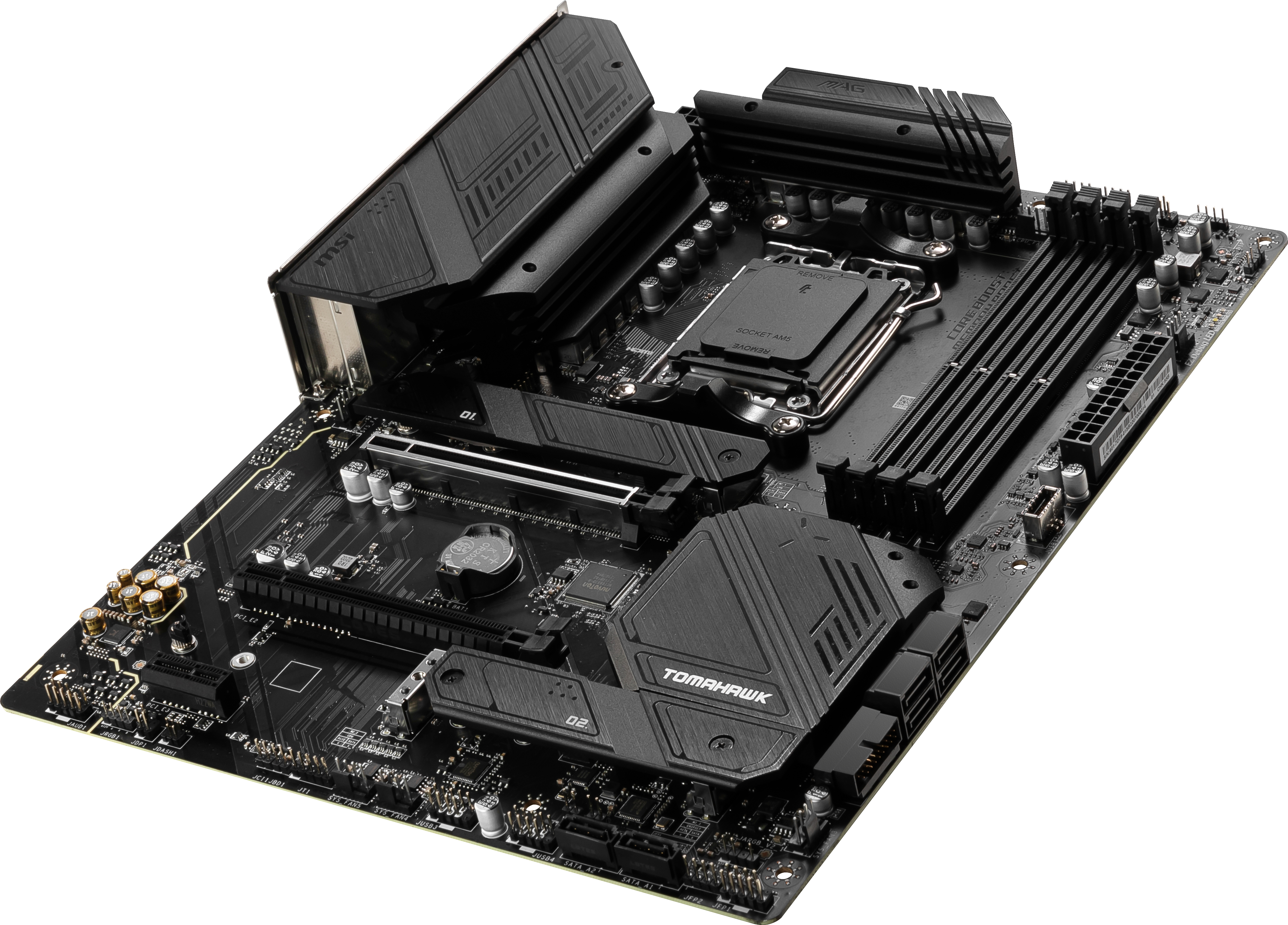 Schwarzes Computer-Motherboard mit schwarzen Komponenten. Winkelansicht.
