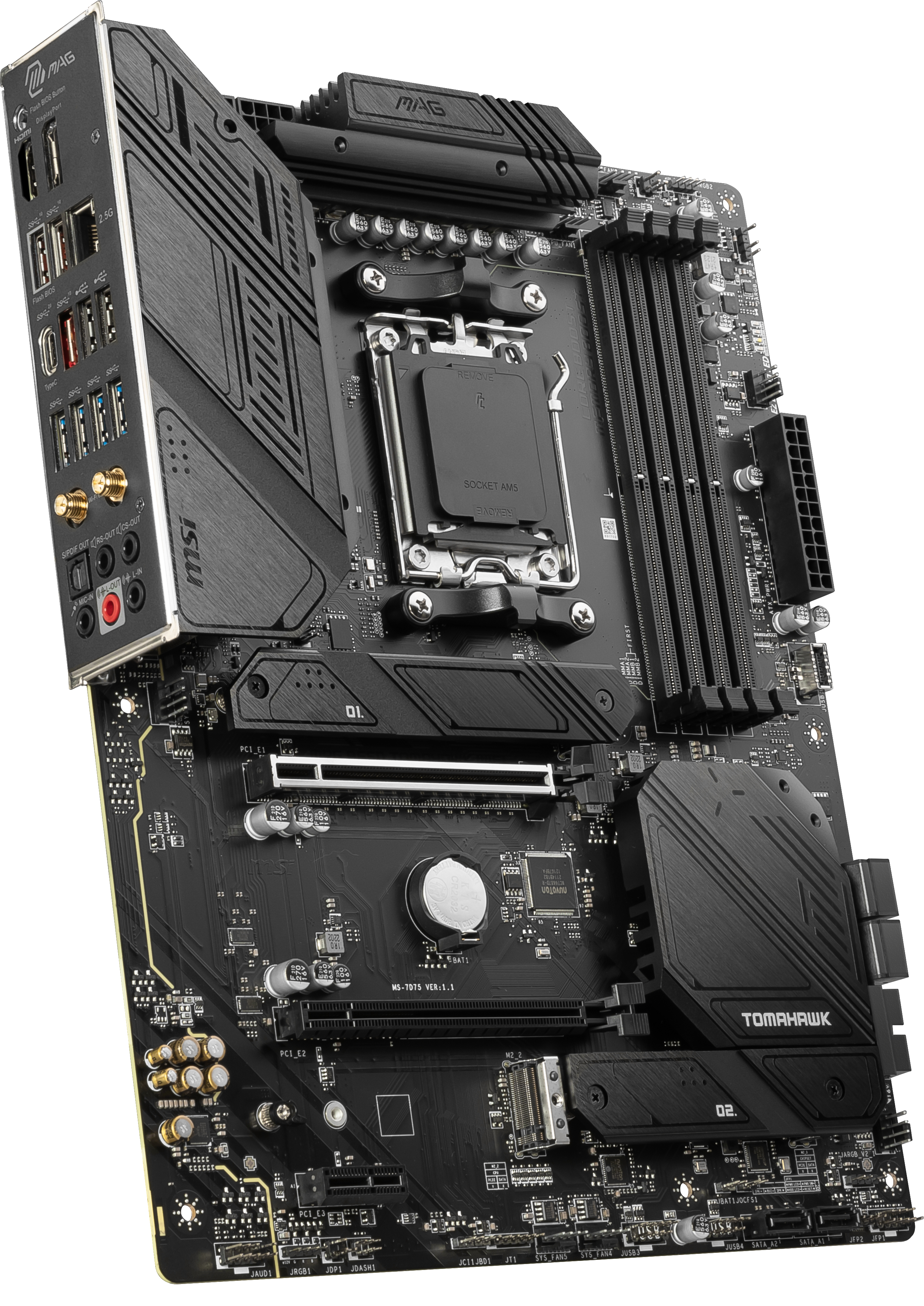 Ein schwarzes Motherboard mit Komponenten wird schräg gezeigt, mit MSI- und Tomahawk-Logos.