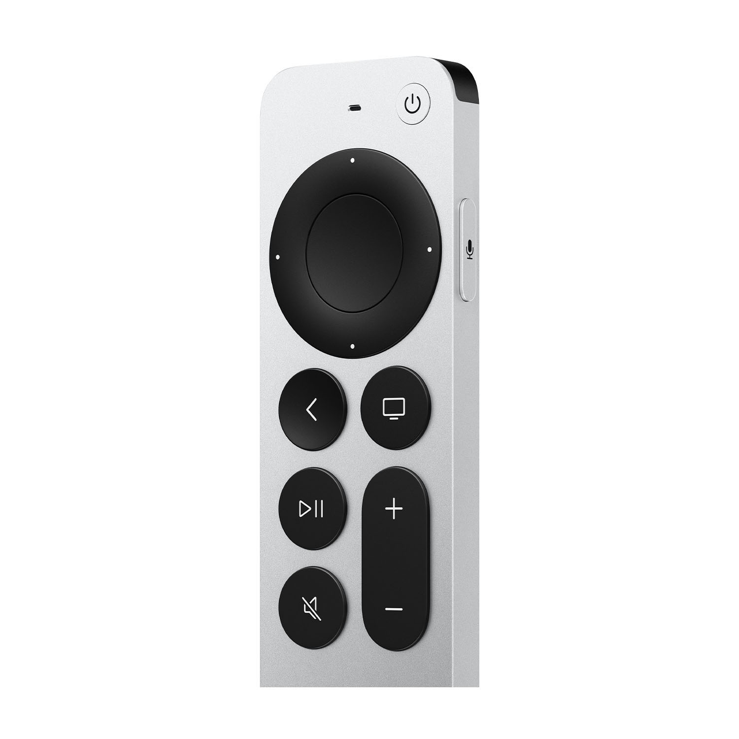 Telecomando Apple TV argento. Isolato su sfondo bianco.