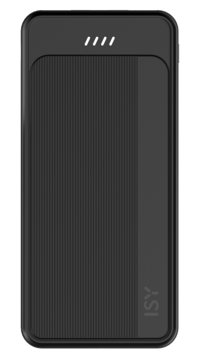 Fekete power bank függőleges vonalakkal és 4 fehér fénnyel a tetején.