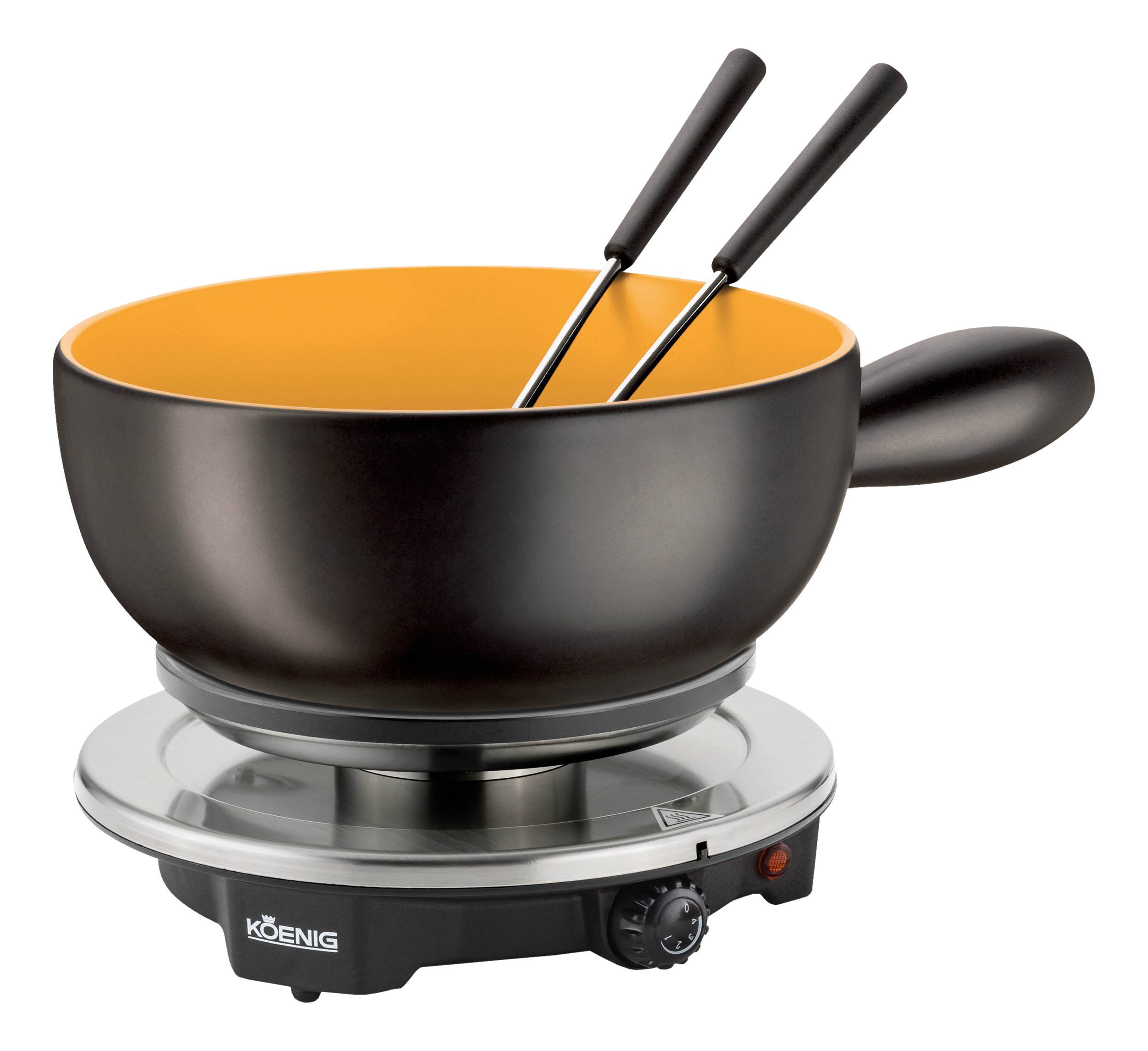 Casserole à fondue sur base électrique, noire avec intérieur jaune, deux fourchettes.