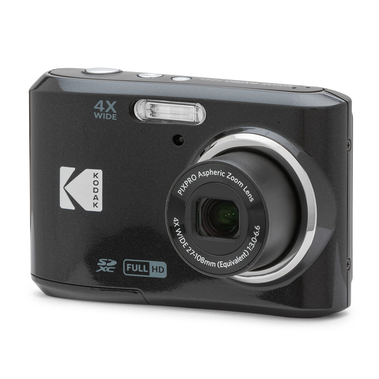 Fotocamera digitale Kodak nera con obiettivo. La fotocamera ha un anello argentato intorno all'obiettivo.