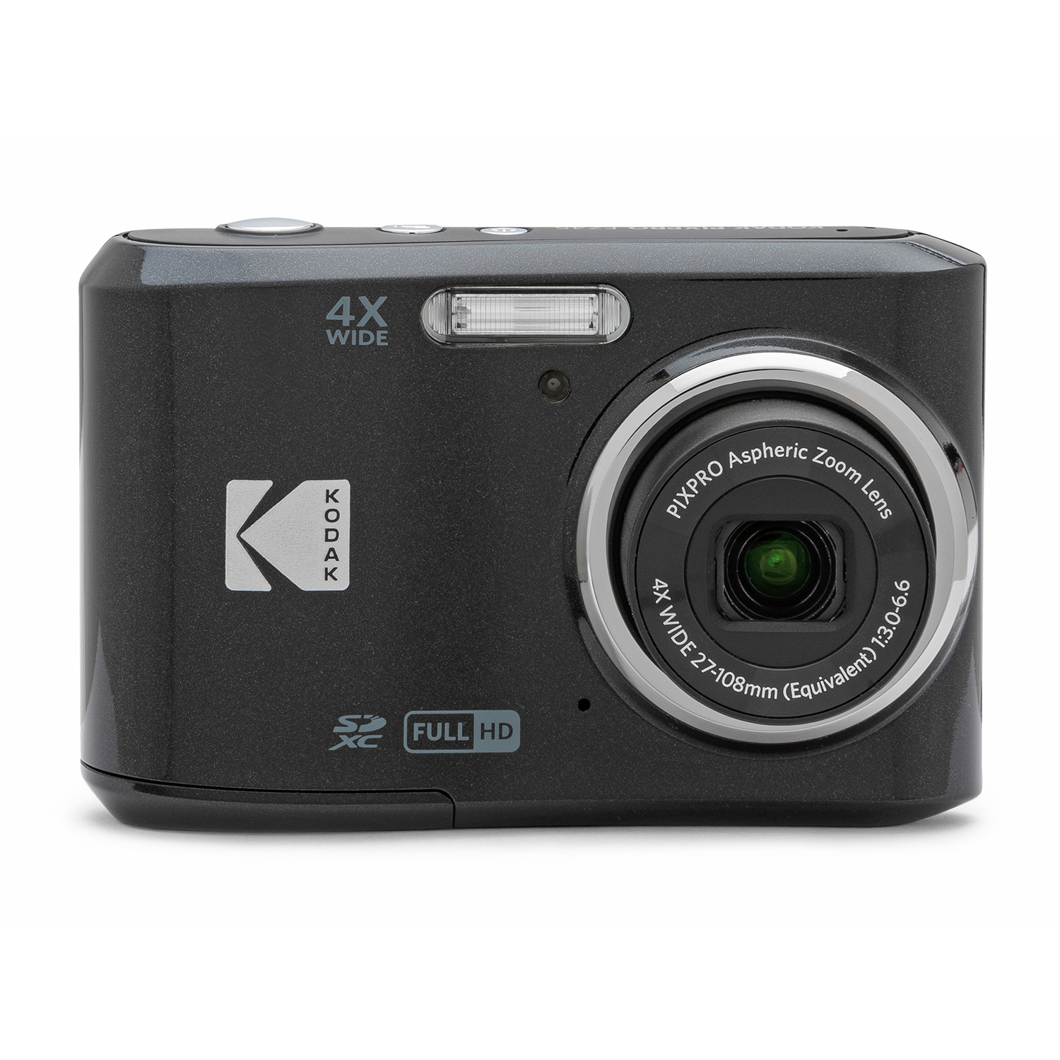 Fotocamera Kodak nera. Forma rettangolare con obiettivo, pulsanti e flash. Logo Kodak argentato sul davanti.