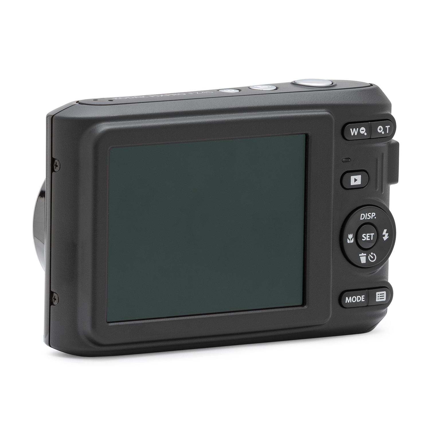 Fotocamera digitale nera, vista angolata del retro. Mostra pulsanti e uno schermo.